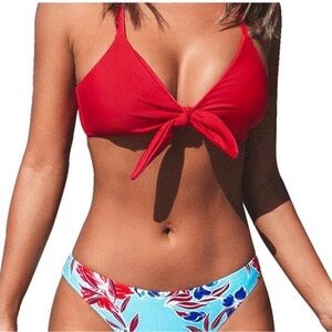 Cupshe Red Knot Front Bikini Top and Blue Floral Bottoms XS Women Swimsuit CUTE